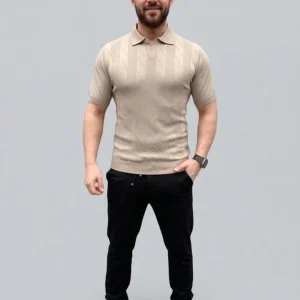 Alternative view of Erkek Yazlık Triko Dokuma Tişört Kısa Kol Polo Yaka T-Shirt - Bej