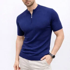 Alternative view of Erkek Kısa Kol Fitilli Triko T-Shirt Yazlık Hakim Yaka Tişört - Lacivert