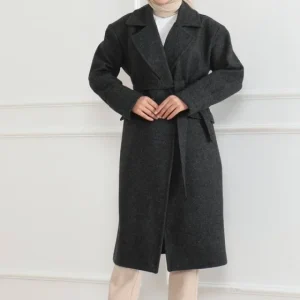 Kaşe Kaban Uzun Boy 115 Cm Kruvaze Yaka Kuşaklı Astarlı Tesettür Kaban Yünlü - Siyah