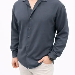 Erkek Aerobin Kumaş Oversize 4 Mevsim Uzun Kollu Rahat Kalıp Gömlek - Füme