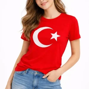 Alternative view of T-Shirt Kısa Kol Bisiklet Yaka Ay Yıldız Bayrak Baskılı Tişört - Kırmızı
