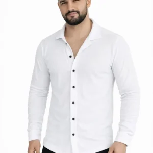 Alternative view of Erkek Waffle Kumaş Uzun Kollu Düğmeli Açık Yaka Regular Fit Gömlek - Beyaz