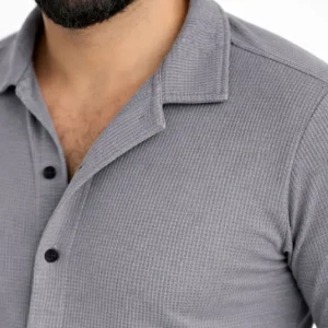 Alternative view of Erkek Waffle Kumaş Uzun Kollu Düğmeli Açık Yaka Regular Fit Gömlek - Füme