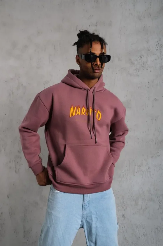 Erkek 3 İplik Pamuklu Kapüşonlu Baskılı Cepli Oversize Sweatshirt Hoodie - Gül Kurusu