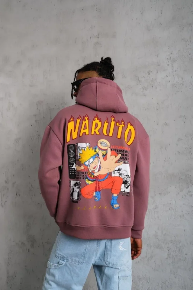 Erkek 3 İplik Pamuklu Kapüşonlu Baskılı Cepli Oversize Sweatshirt Hoodie - Gül Kurusu - Görsel 2