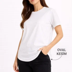 Basic T-Shirt Kısa Kol Bisiklet Yaka Oval Kesim Tişört - Beyaz