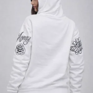 Alternative view of 3 İplik Pamuklu Kapüşonlu Baskılı SweatShirt Hoodie - Beyaz