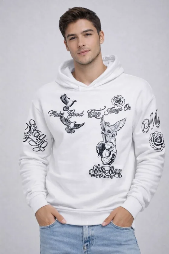 Erkek 3 İplik Pamuklu Kapüşonlu Baskılı SweatShirt Hoodie - Beyaz - Görsel 4