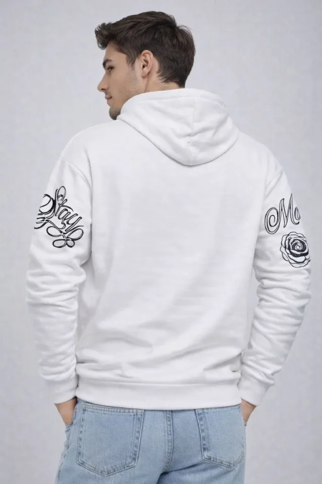 Erkek 3 İplik Pamuklu Kapüşonlu Baskılı SweatShirt Hoodie - Beyaz - Görsel 2