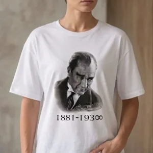 Alternative view of Atatürk Baskılı Tişört Kısa Kollu Bisiklet Yaka T-Shirt - Beyaz