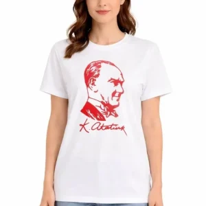 Atatürk Baskılı Tişört Kısa Kollu Bisiklet Yaka T-Shirt - Beyaz