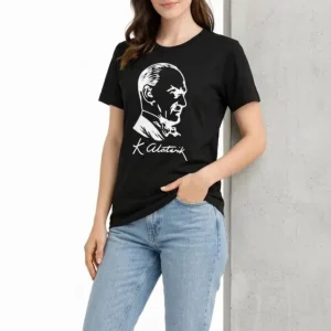 Alternative view of Atatürk Baskılı Tişört Kısa Kollu Bisiklet Yaka T-Shirt - Siyah