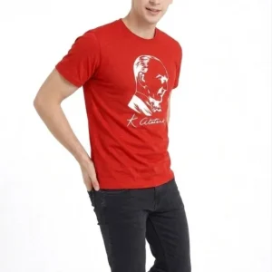 Erkek Atatürk Baskılı Tişört Kısa Kollu Bisiklet Yaka T-Shirt - Kırmızı