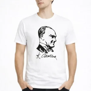 Erkek Atatürk Baskılı Tişört Kısa Kollu Bisiklet Yaka T-Shirt - Beyaz