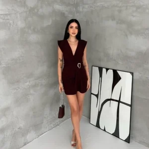 Kruvaze Drapeli Tokalı Mini Elbise Şık Gece Davet Abiye - Kahverengi