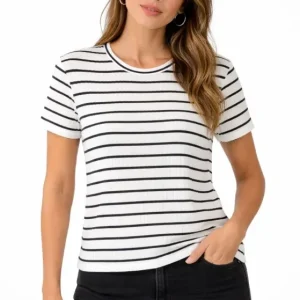 Çizgili Yazlık Triko T-Shirt Bisiklet Yaka Rahat Kalıp Tişört - Beyaz