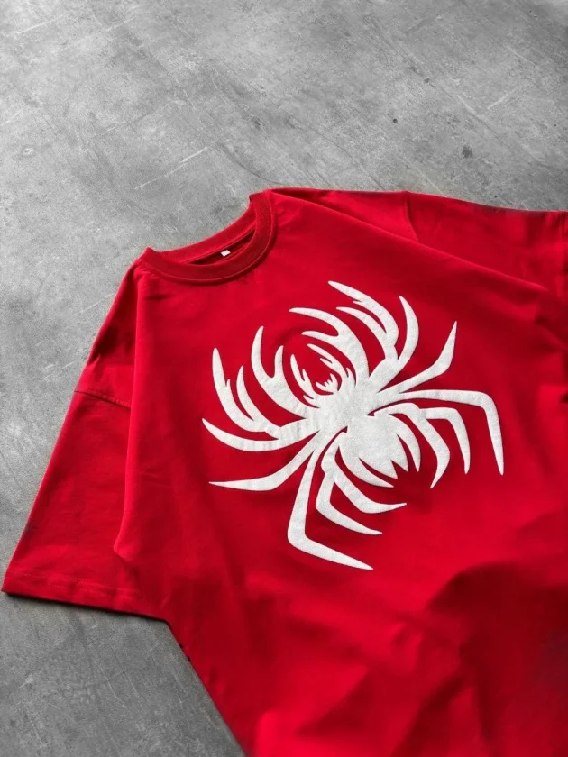 Erkek Örümcek Baskılı Tişört Kısa Kollu Bisiklet Yaka T-Shirt - Kırmızı - Görsel 4