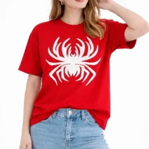 Örümcek Baskılı Tişört Kısa Kollu Bisiklet Yaka T-Shirt - Kırmızı