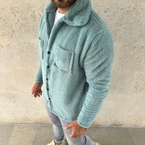 Alternative view of Erkek Pelüş Polar Hırka Gömlek Yakalı İlik Düğmeli Göğüs Cepli Yumuşak - Bebe Mavisi