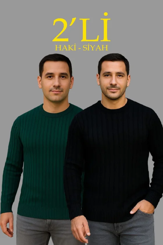 Erkek Fitilli Triko Kazak 2’li Set Siyah Haki Kalın Dokuma Pamuklu Regular Fit Bisiklet - Görsel 5