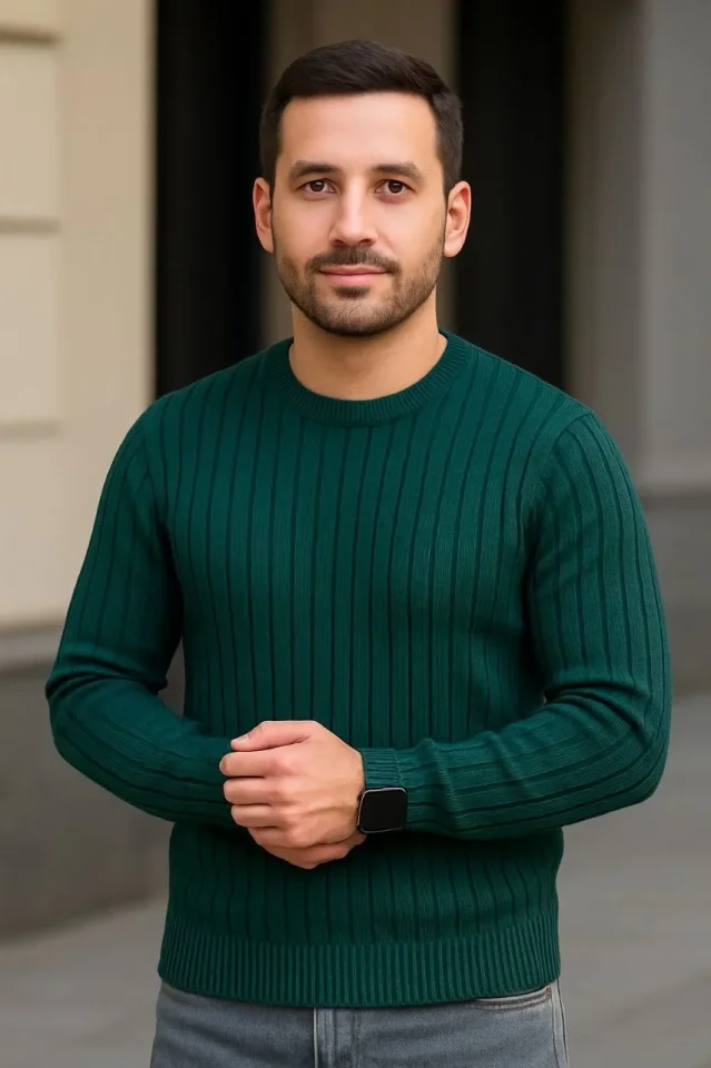 Erkek Fitilli Triko Kazak 2’li Set Siyah Haki Kalın Dokuma Pamuklu Regular Fit Bisiklet - Görsel 2
