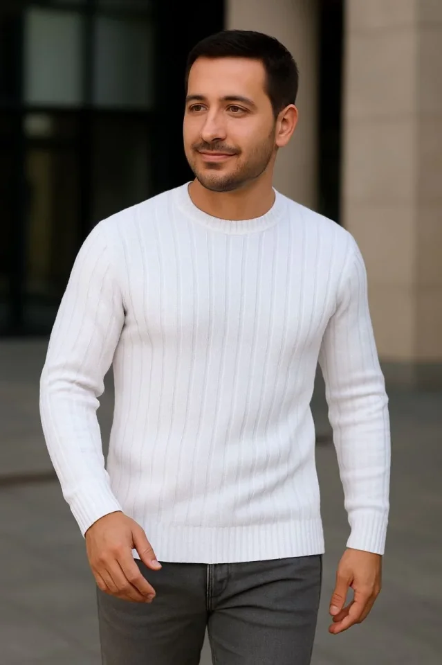 Erkek Fitilli Triko Bisiklet Yaka Kalın Kazak 4lü Set Beyaz-Bebek Mavisi-Gri-Siyah - Görsel 3