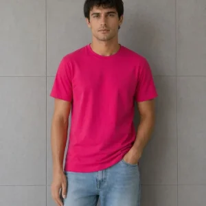 Erkek Basic Pamuklu Tişört Bisiklet Yaka Düz Renk Regular Fit T-Shirt - Fuşya