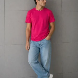 Alternative view of Erkek Basic Pamuklu Tişört Bisiklet Yaka Düz Renk Regular Fit T-Shirt - Fuşya