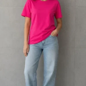 Basic Pamuklu Tişört Bisiklet Yaka Düz Renk Relaxed Fit T-Shirt - Fuşya