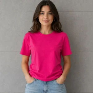 Alternative view of Basic Pamuklu Tişört Bisiklet Yaka Düz Renk Relaxed Fit T-Shirt - Fuşya
