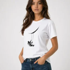 Astronot Ay Temalı Tişört Kısa Kol Yazlık Bisiklet Yaka T-Shirt - Beyaz