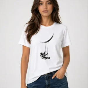 Alternative view of Astronot Ay Temalı Tişört Kısa Kol Yazlık Bisiklet Yaka T-Shirt - Beyaz