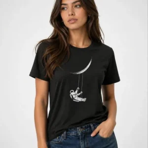 Astronot Ay Temalı Tişört Kısa Kol Yazlık Bisiklet Yaka T-Shirt - Siyah