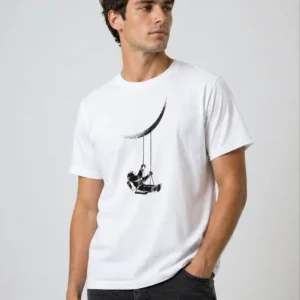 Erkek Astronot Ay Temalı Tişört Kısa Kol Yazlık Bisiklet Yaka T-Shirt - Beyaz