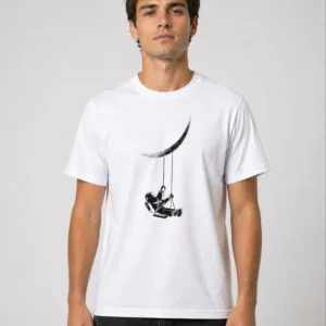 Alternative view of Erkek Astronot Ay Temalı Tişört Kısa Kol Yazlık Bisiklet Yaka T-Shirt - Beyaz