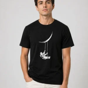 Erkek Astronot Ay Temalı Tişört Kısa Kol Yazlık Bisiklet Yaka T-Shirt - Siyah
