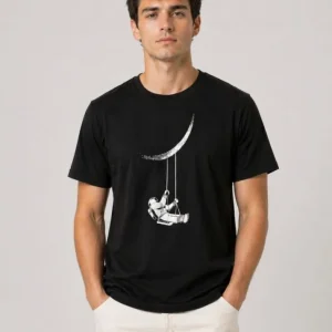 Alternative view of Erkek Astronot Ay Temalı Tişört Kısa Kol Yazlık Bisiklet Yaka T-Shirt - Siyah