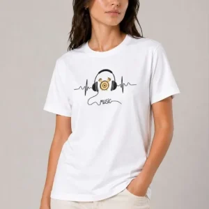Müzik Temalı Baskılı Tişört Bisiklet Yaka Kısa Kol T-Shirt - Beyaz
