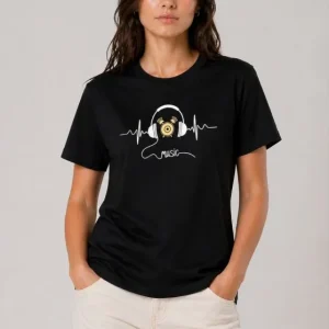 Müzik Temalı Baskılı Tişört Bisiklet Yaka Kısa Kol T-Shirt - Siyah