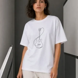 Minimal Gitar Baskılı Tişört T-Shirt Yazlık Kısa Kol Bisiklet Yaka T-Shirt  - Beyaz