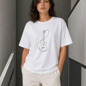 Alternative view of Minimal Gitar Baskılı Tişört T-Shirt Yazlık Kısa Kol Bisiklet Yaka T-Shirt  - Beyaz