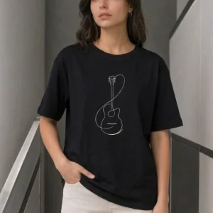 Minimal Gitar Baskılı Tişört T-Shirt Yazlık Kısa Kol Bisiklet Yaka T-Shirt - Siyah