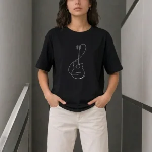Alternative view of Minimal Gitar Baskılı Tişört T-Shirt Yazlık Kısa Kol Bisiklet Yaka T-Shirt - Siyah