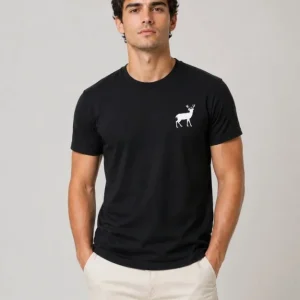 Erkek Minimal Geyik Logolu Tişört Bisiklet Yaka Kısa Kol Yazlık T-Shirt - Siyah