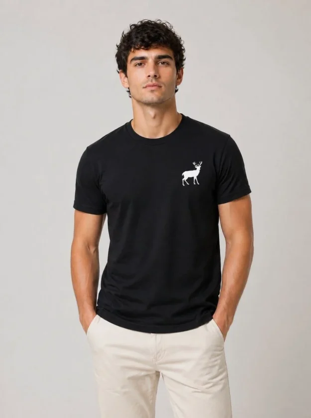 Erkek Minimal Geyik Logolu Tişört Bisiklet Yaka Kısa Kol Yazlık T-Shirt - Siyah - Görsel 4