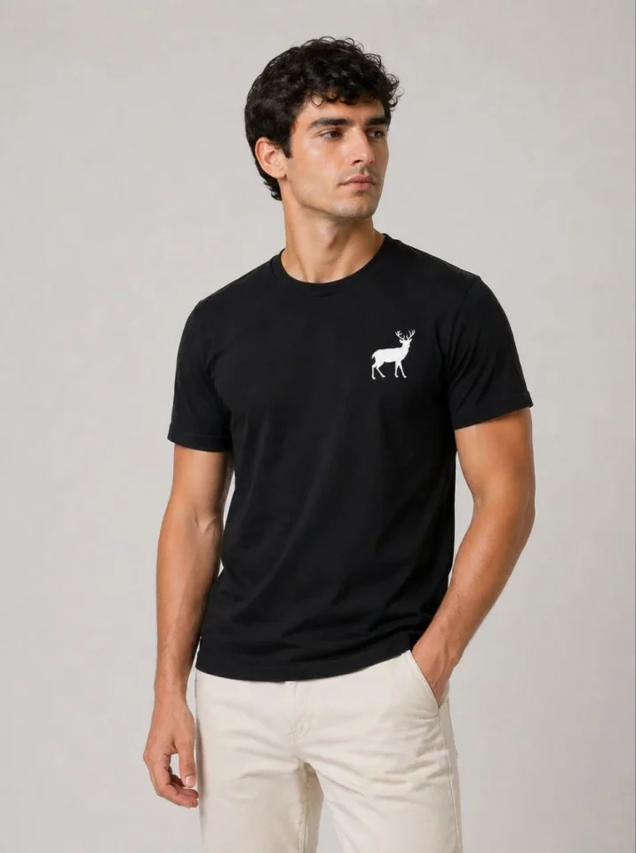 Erkek Minimal Geyik Logolu Tişört Bisiklet Yaka Kısa Kol Yazlık T-Shirt - Siyah - Görsel 2