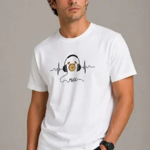 Erkek Müzik Temalı Baskılı Tişört Bisiklet Yaka Kısa Kol T-Shirt - Beyaz