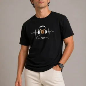 Erkek Müzik Temalı Baskılı Tişört Bisiklet Yaka Kısa Kol T-Shirt - Siyah