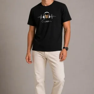 Alternative view of Erkek Müzik Temalı Baskılı Tişört Bisiklet Yaka Kısa Kol T-Shirt - Siyah