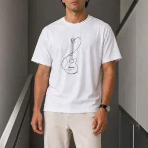 Erkek Minimal Gitar Baskılı Tişört T-Shirt Yazlık Kısa Kol Bisiklet Yaka T-Shirt - Beyaz